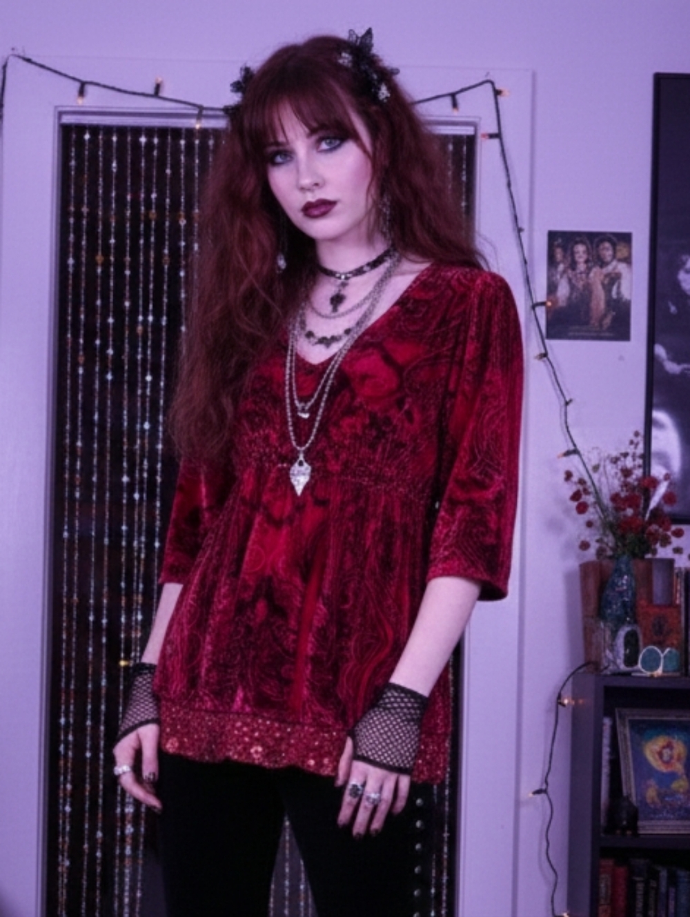 Energe M Vintage Y2K Whimsigoth Dark Romantic Fairy Grunge Velvet Babydoll Tunic